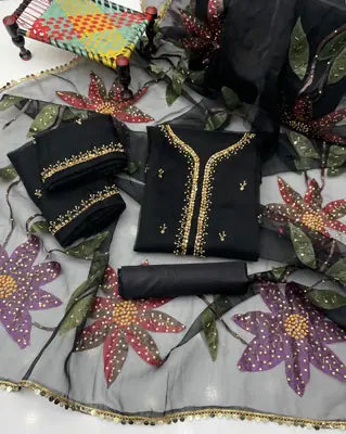 3 Pcs Women's Unstitched Sequins Embroidered Suit