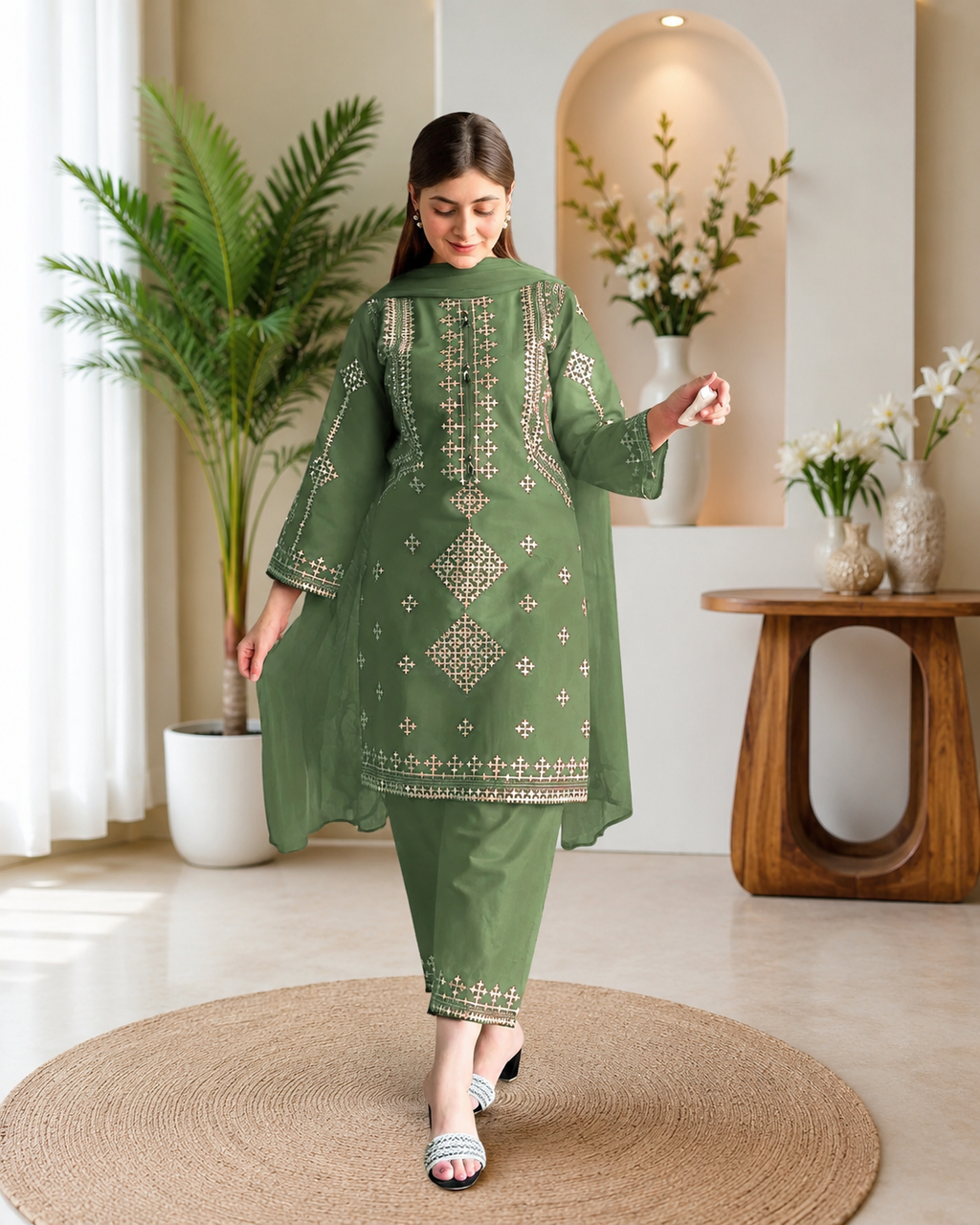 3 Pcs Women's Stitched Cotton Sequins Embroidered Suit
