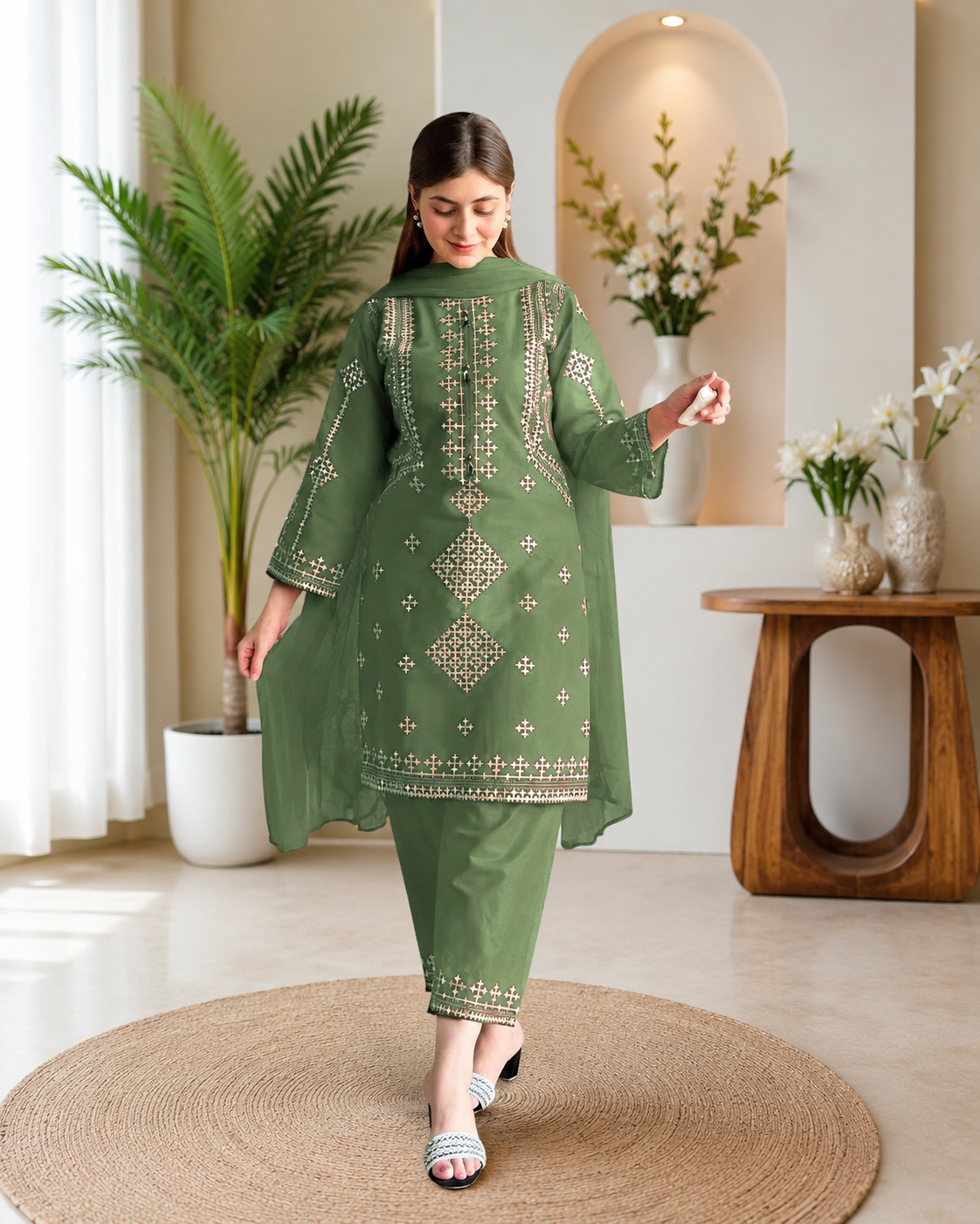 3 Pcs Women's Stitched Cotton Sequins Embroidered Suit