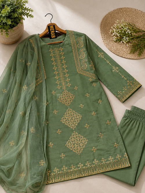 3 Pcs Women's Stitched Cotton Sequins Embroidered Suit